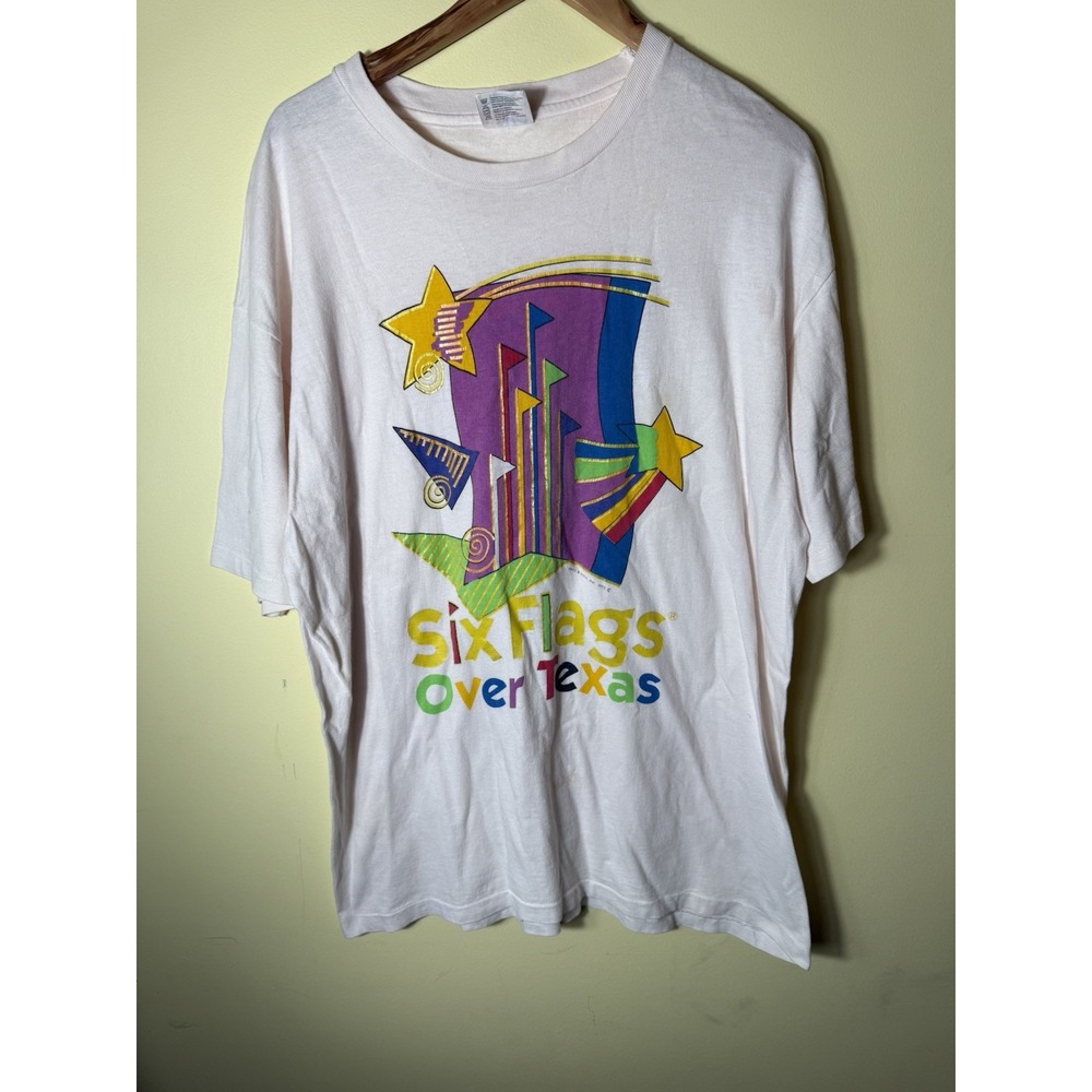 Vintage 90s Single Stitch‎ Six Flags over Texas T Shirt White Size XL
